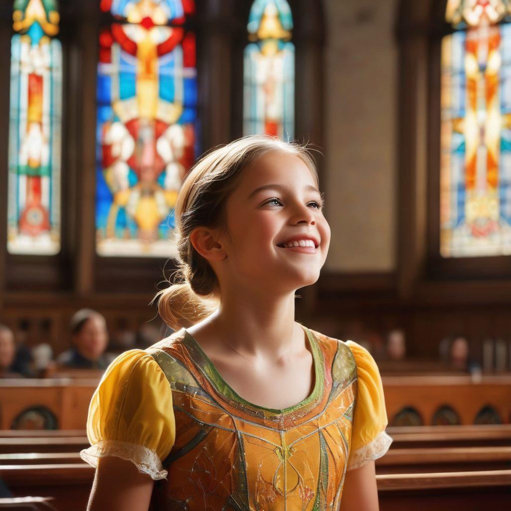 A serene scene depicting a young girl with a radiant smile, singing joyfully in a sunlit church filled with vibrant stained glass windows. Musical notes float around her, symbolizing the power of gospel music. The atmosphere is uplifting and divine, with warm golden light illuminating the space. Include a diverse congregation in the background, all inspired and engaged. super-realistic. vibrant colors. soft focus.