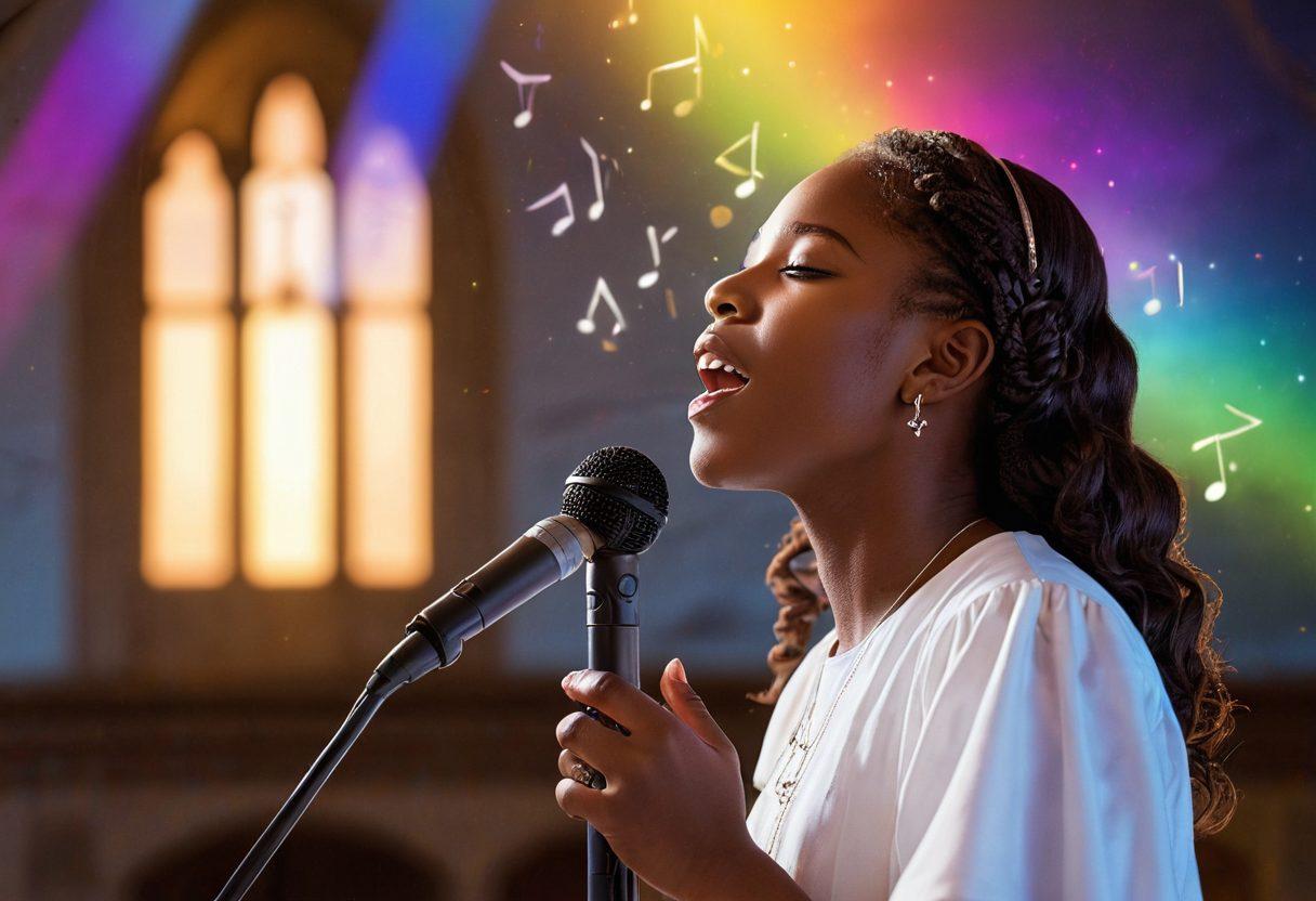 A serene landscape featuring a young girl singing passionately on a small stage, surrounded by soft, glowing lights. In the background, musical notes and colorful sound waves gently swirl around, symbolizing the power of gospel music. Include a faint silhouette of a church to evoke spirituality and inspiration. Capture the emotion on her face, radiating hope and faith. super-realistic. vibrant colors. ethereal lighting.