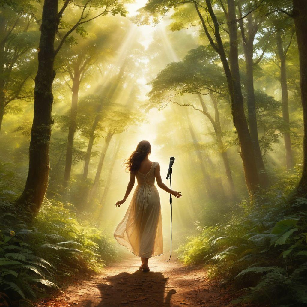 A serene landscape showcasing a tranquil path winding through a lush forest, symbolizing a harmonious journey. In the foreground, a silhouette of a young woman with a microphone, singing joyfully, surrounded by musical notes that float in the air. Sunlight filters through the trees, illuminating the scene with a warm, divine glow. Ethereal lightness and spiritual elements depict the impact of music on faith and spirituality. vibrant colors. super-realistic.